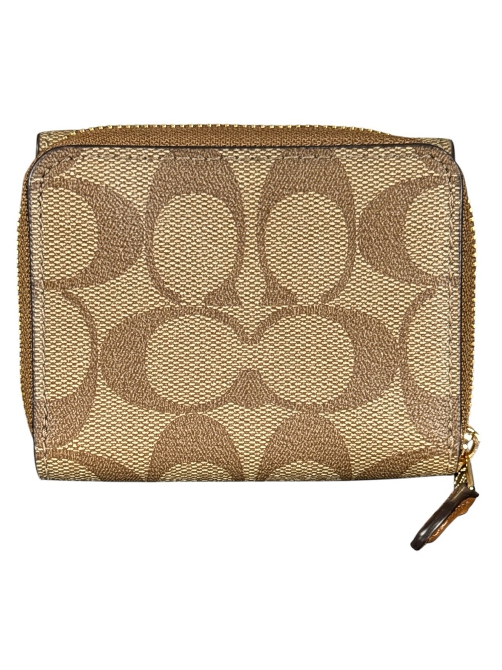 COACH Small Tri-Fold Wallet in Khaki and Gold Signature Coated Canvas - Picture 2 of 10
